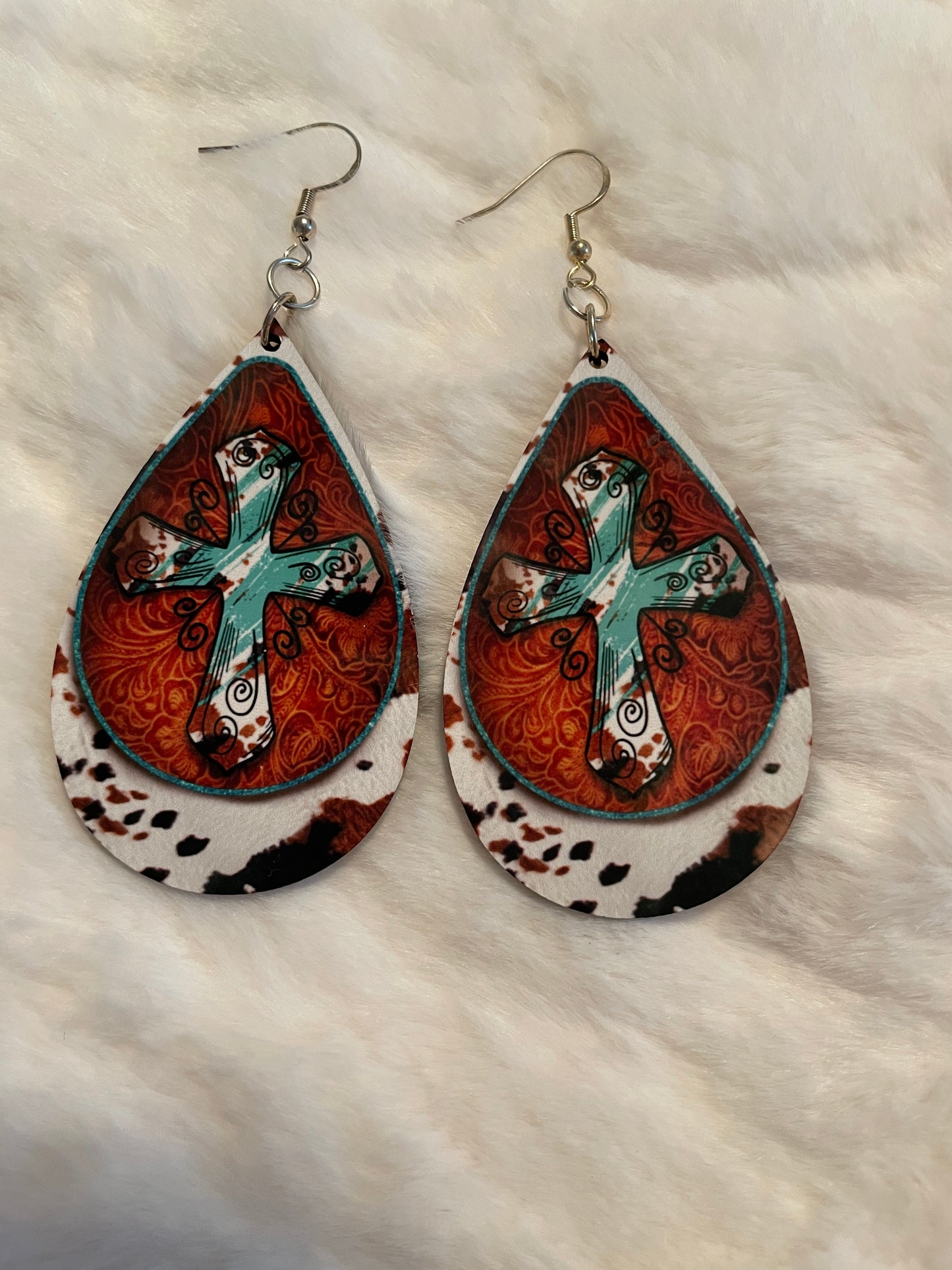 Cross With Cowhide Earrings