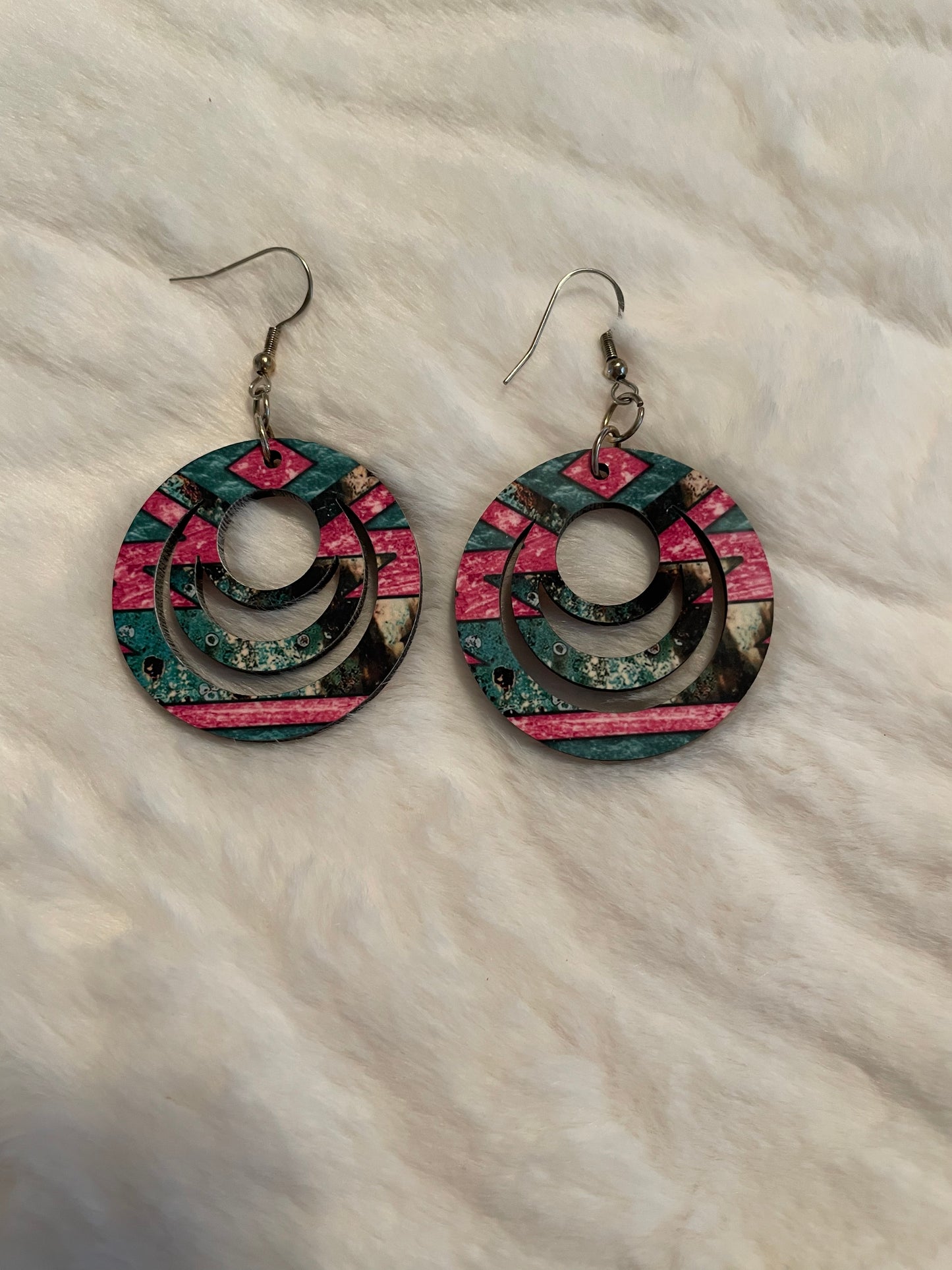 Round Pink and Turquoise Earrings