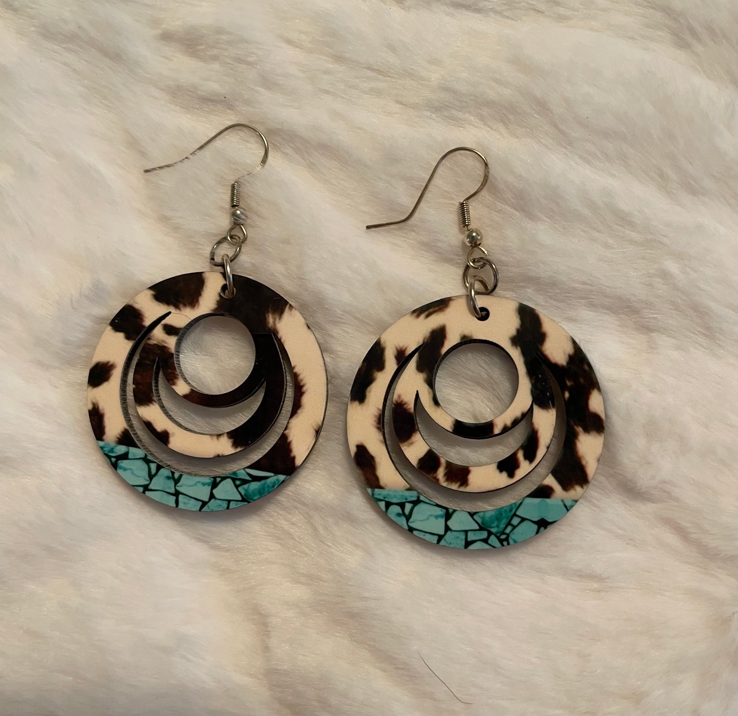 Round Turquoise And Cowhide Earrings